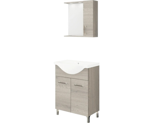 Set de mobilier pentru baie cu mască pentru chiuvetă cu aspect de stejar, lavoar din ceramică și dulap cu oglindă și iluminare integrată. Set de mobilier pentru baie cu mască pentru chiuvetă cu aspect de stejar, lavoar din ceramică și dulap cu oglindă și iluminare integrată.