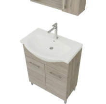 Mască de chiuvetă cu două uși aspect stejar, lavoar din ceramică albă și baterie cromată.