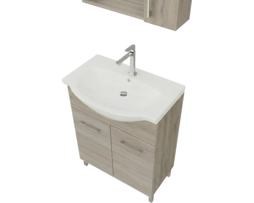 Mască de chiuvetă cu două uși aspect stejar, lavoar din ceramică albă și baterie cromată.