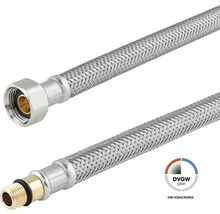 Furtun de racordare flexibil pentru armături cu împletitură din oțel inoxidabil, racorduri filetate și certificare DVGW.