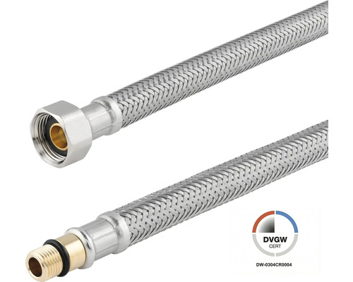 Furtun de racordare flexibil pentru armături cu împletitură din oțel inoxidabil, racorduri filetate și certificare DVGW.