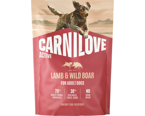 Hrană pentru câini adulți Carnilove Active cu miel și mistreț, 70 la sută ingrediente de origine animală, fără cereale și cartofi.