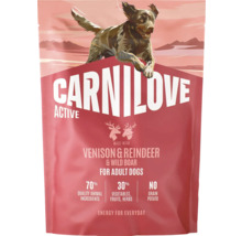 Carnilove Active hrană pentru câini adulți cu vânat, ren și mistreț, 70 la sută ingrediente de origine animală, fără cereale și cartofi.