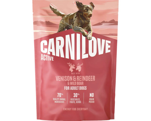 Carnilove Active hrană pentru câini adulți cu vânat, ren și mistreț, 70 la sută ingrediente de origine animală, fără cereale și cartofi.