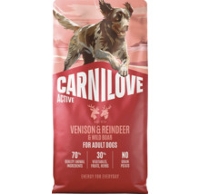 Hrană uscată Carnilove Active pentru câini adulți cu vânat, ren și mistreț, fără cereale și cartofi, 70 la sută ingrediente de origine animală.