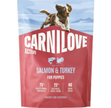 Hrană pentru căței Carnilove Active Salmon and Turkey, fără cereale, 75 la sută ingrediente de origine animală.