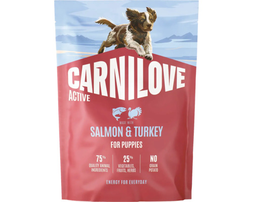 Hrană pentru căței Carnilove Active Salmon and Turkey, fără cereale, 75 la sută ingrediente de origine animală.