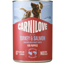 Carnilove Logo. Hrană umedă pentru căței cu curcan, somon și fructe de pădure, 67 la sută carne și pește, fără cereale, hrană completă.