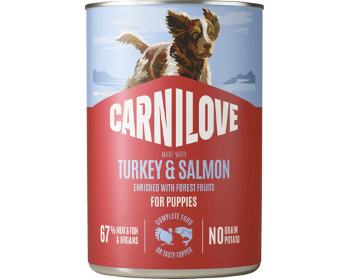 Carnilove Logo. Hrană umedă pentru căței cu curcan, somon și fructe de pădure, 67 la sută carne și pește, fără cereale, hrană completă.