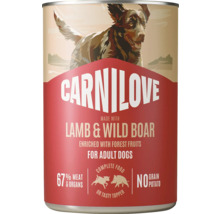 Hrană umedă pentru câini Carnilove cu miel și mistreț pentru câini adulți, 67 la sută carne și organe, fără cereale și fără cartofi.