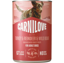 Carnilove hrană umedă pentru câini adulți, curcan, ren și mistreț, 67 la sută carne și organe, fără cereale și cartofi.