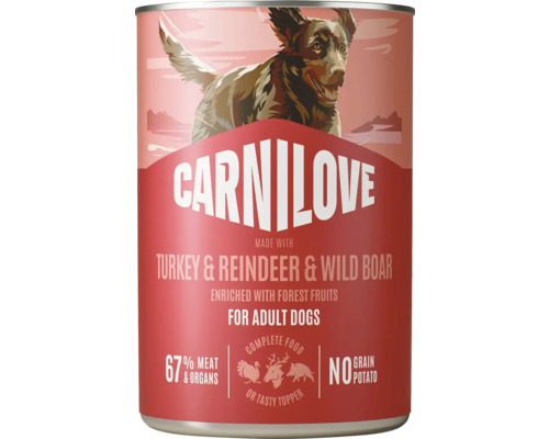 Carnilove hrană umedă pentru câini adulți, curcan, ren și mistreț, 67 la sută carne și organe, fără cereale și cartofi.