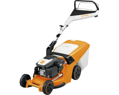 Mașină de tuns iarba pe benzină STIHL portocalie cu alb, coș colector și mâner reglabil.