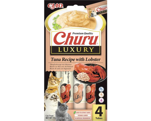 Gustare pentru pisici Ciao Churu Luxury, rețetă cu ton și homar, patru tuburi de 14 grame, fără cereale, fără conservanți artificiali.