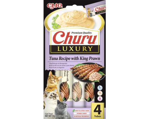 Recompensă pentru pisici Ciao Churu Luxury, rețetă cu ton și creveți uriași, 4 tuburi de 14 grame, fără cereale.
