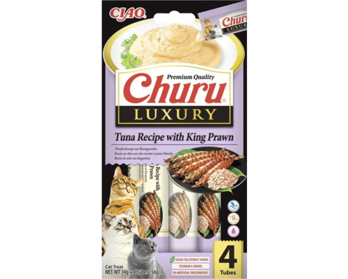 Gustare pentru pisici Ciao Churu Luxury, rețetă cu ton și creveți uriași, fără cereale, 4 tuburi a câte 14 grame.