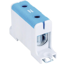 Bornă de nul pentru instalații electrice din plastic alb și albastru cu conexiune metalică.