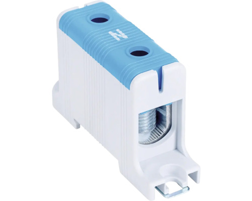 Bornă de nul pentru instalații electrice din plastic alb și albastru cu conexiune metalică.