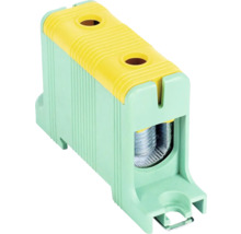 Clemă de protecție pentru instalații electrice, carcasă din plastic verde și galben cu conexiune prin șurub.