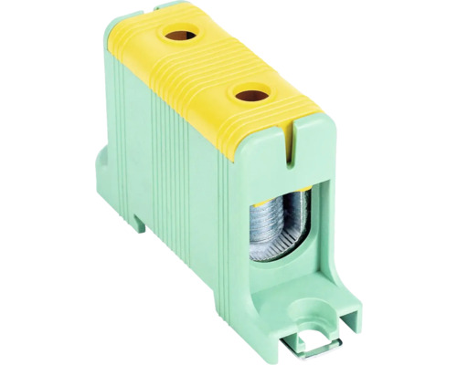 Clemă de protecție pentru instalații electrice, carcasă din plastic verde și galben cu conexiune prin șurub.