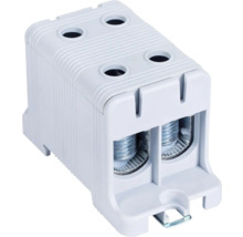 Clemă de ramificație gri pentru coloane principale, pentru instalații electrice, cu borne cu șurub și clemă de fixare.