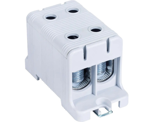 Clemă de ramificație gri pentru coloane principale, pentru instalații electrice, cu borne cu șurub și clemă de fixare.