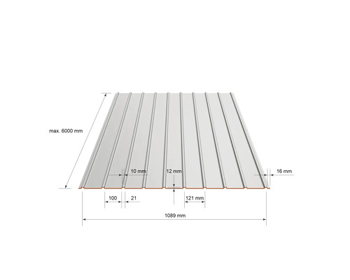 Tablă cutată cu dimensiuni. Lățime 1089 milimetri, lungime maximă 6000 milimetri, înălțime profil 12 milimetri.