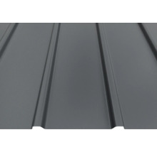 Tablă trapezoidală din metal în culoarea antracit cu suprafață mată, tablă profilată pentru acoperiș și perete.