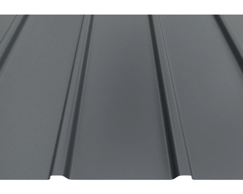 Tablă trapezoidală din metal în culoarea antracit cu suprafață mată, tablă profilată pentru acoperiș și perete.