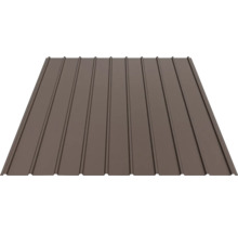 Tablă cutată trapezoidală din metal de culoare maro pentru acoperiș sau placarea pereților.