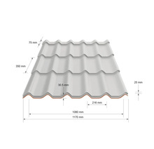 Tablă tip țiglă cu dimensiuni în milimetri. Lățime totală 1170 milimetri, lățime utilă 1080 milimetri și lungime modul 350 milimetri.