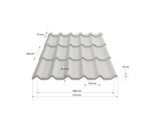 Tablă tip țiglă cu dimensiuni în milimetri. Lățime totală 1170 milimetri, lățime utilă 1080 milimetri și lungime modul 350 milimetri.