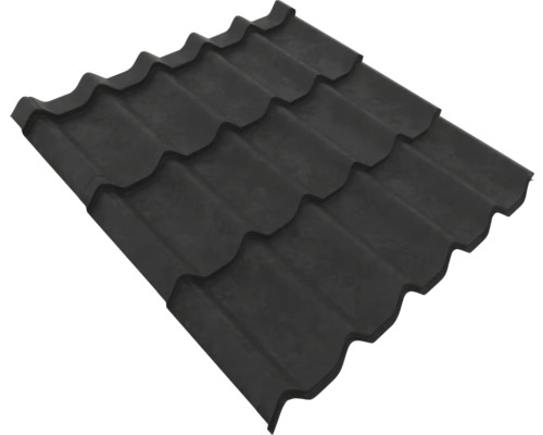 Tablă tip țiglă metalică neagră cu profil ondulat pentru acoperiș.