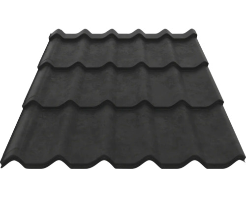 Tablă tip țiglă metalică de culoare antracit cu profil ondulat pentru acoperiș.