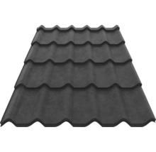 Țiglă metalică de culoare antracit pentru învelitori de acoperiș.