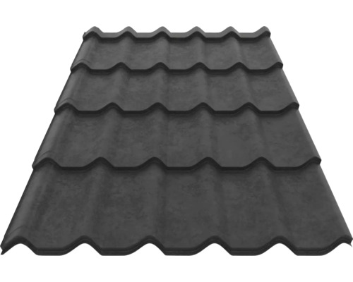 Țiglă metalică de culoare antracit pentru învelitori de acoperiș.