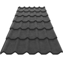 Tablă tip țiglă metalică de culoare antracit cu finisaj mat pentru acoperiș.