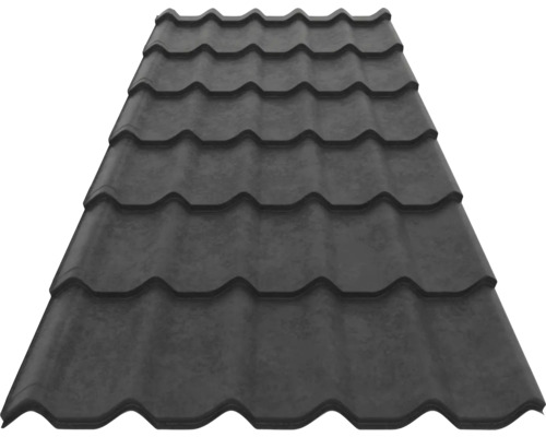 Tablă tip țiglă metalică de culoare antracit cu finisaj mat pentru acoperiș.