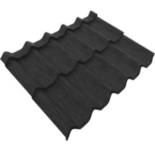 Tablă profilată pentru acoperiș din metal de culoare antracit cu aspect de țiglă.