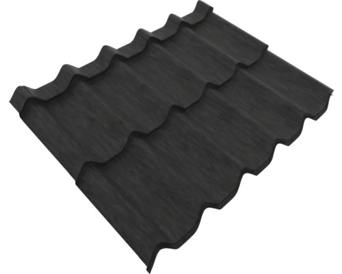 Tablă profilată pentru acoperiș din metal de culoare antracit cu aspect de țiglă.