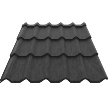 Tablă profilată pentru acoperiș cu aspect de țiglă din oțel, cu profil ondulat și suprafață structurată de culoare antracit.
