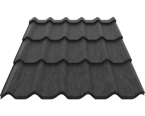 Tablă profilată pentru acoperiș cu aspect de țiglă din oțel, cu profil ondulat și suprafață structurată de culoare antracit.