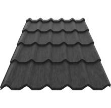 Tablă tip țiglă metalică de culoare antracit cu profil ondulat clasic pentru acoperiș.