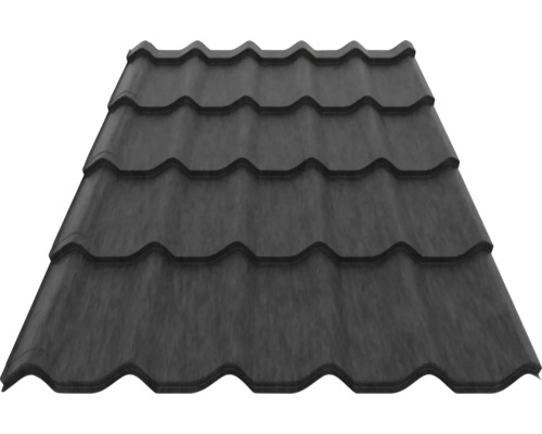 Tablă tip țiglă metalică de culoare antracit cu profil ondulat clasic pentru acoperiș.