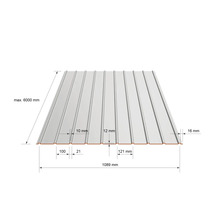 Tablă cutată cu dimensiuni. Lățime 1089 milimetri, lungime maximă 6000 milimetri, înălțime profil 12 milimetri.