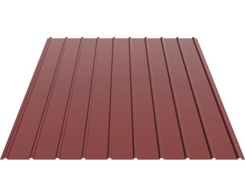 Tablă trapezoidală din oțel de culoare maro roșcat pentru acoperișuri și placări de pereți cu profil trapezoidal.