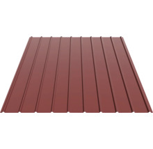 Tablă cutată din metal de culoare maro roșcat pentru acoperiș.