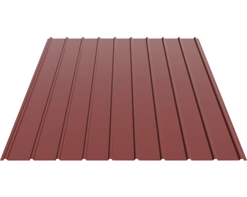 Tablă cutată din metal de culoare maro roșcat pentru acoperiș.