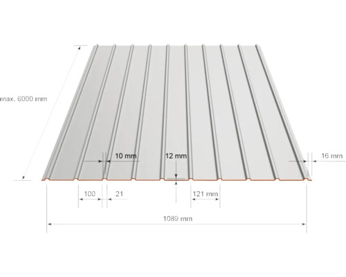 Tablă cutată cu dimensiuni, înălțime profil 12 milimetri, lățime 1089 milimetri, lungime maximă 6000 milimetri.