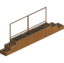 Strat de grădină înălțat modular cu protecție de sticlă împotriva vântului și jardiniere în trepte cu aspect de rugină.